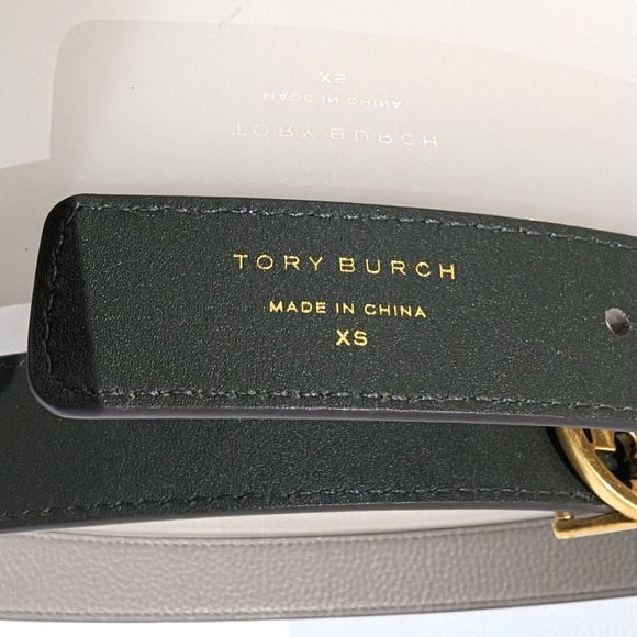 Tory Burch Reversible 1" Logo Buckle Belt Gray Heron Poblano Gold Green - Picture 6 of 7